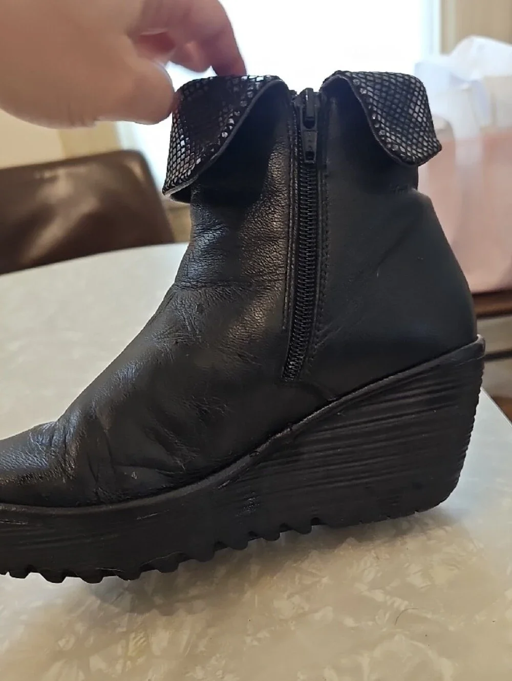 FLY London Wedge Ankle Boots with Fold-Over Cuff - Black